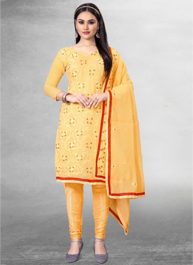 Modal Chanderi Yellow Festival Wear Embroidery Work Churidar Suit